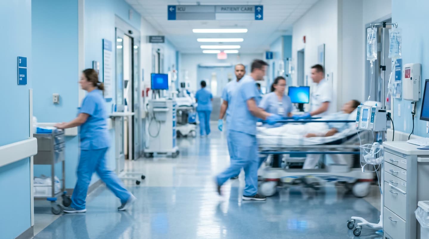 Hospital corridor with patient beds