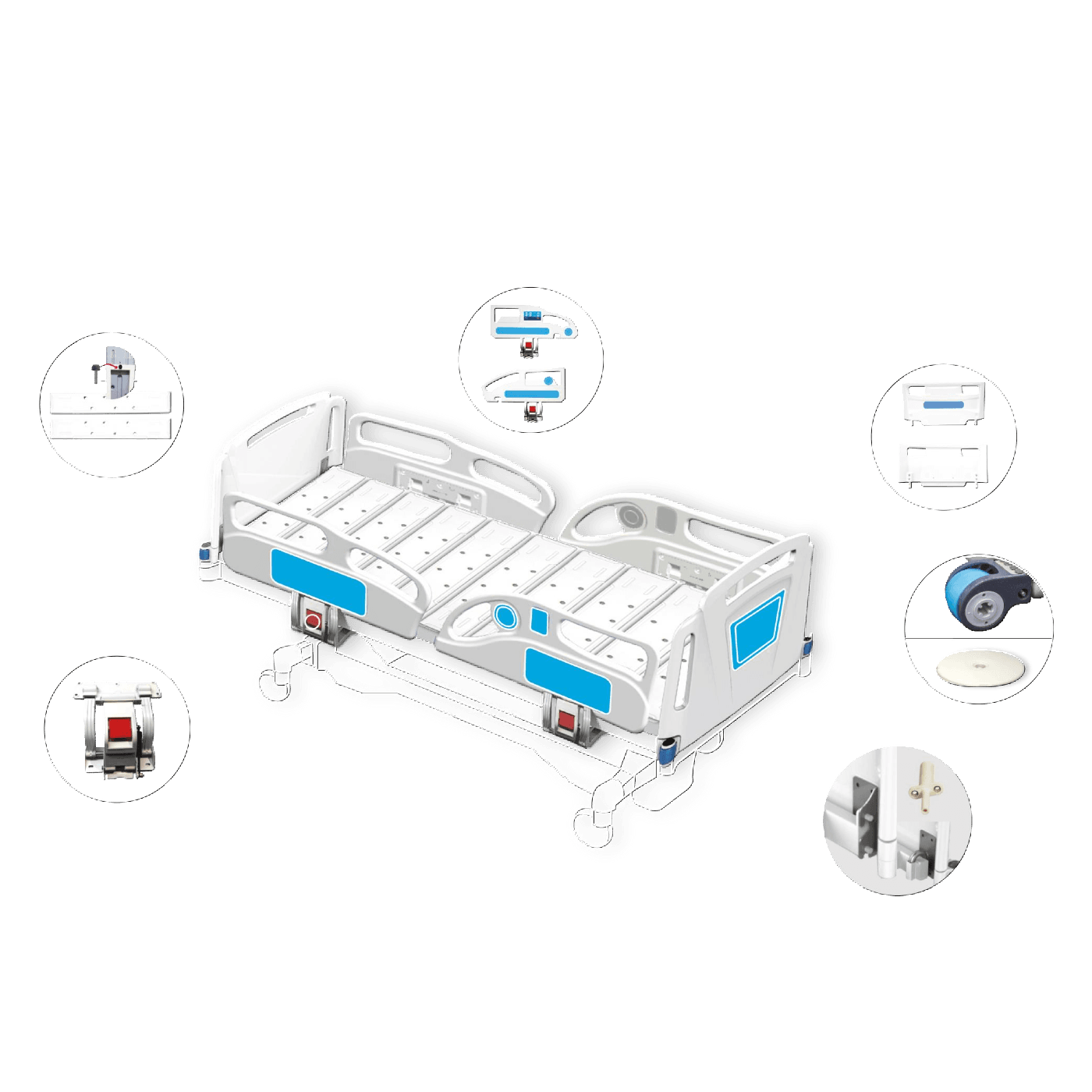Hospital bed showing custom-moulded components